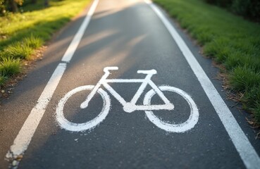 Fototapeta premium Bicycle lane marking on asphalt path. White bike symbol guides cyclists on empty road with green grass verge. Sunlit urban track for healthy eco travel.