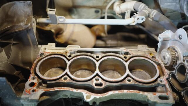 Movement of pistons in internal combustion engine. Operating principle of engine and functioning of vehicle mechanism. Four-stroke inline car engine. Repair cylinder block with pistons in car service.