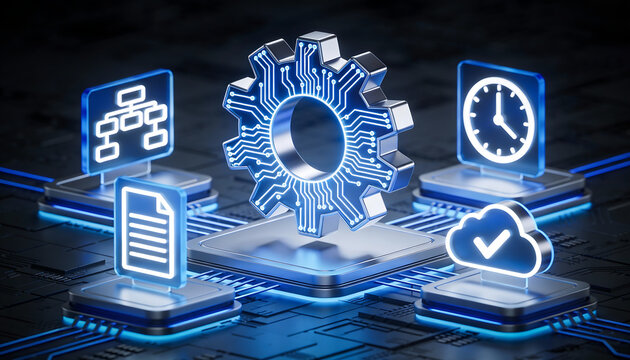 Futuristic 3d digital automation concept with glowing circuit gear and holographic icons for cloud computing time management and data processing on dark technology background - Powered by Adobe