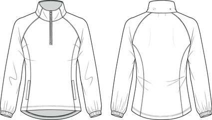Women's quarter zip activewear jacket technical fashion flat sketch with raglan sleeves and princess seams for apparel design and vector templates.