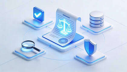 Futuristic 3d digital legal document illustration with glowing scales of justice check mark magnifying glass security shield and database icons for law and compliance technology