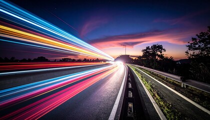 Highway Trails: Capturing a vivid and colorful long exposure of speeding traffic on a highway, with blurred light trails against a twilight sky.