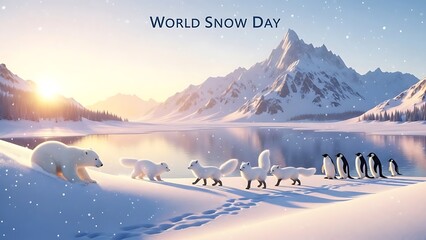 Polar bear and penguins in arctic landscape for World Snow Day