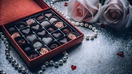 Romantic Chocolate Gift Box with Roses and Pearls