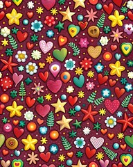 Colorful Pattern with Hearts and Flowers
