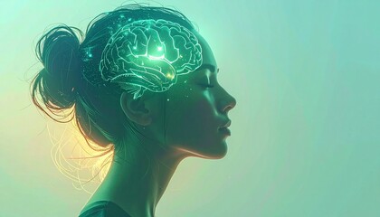 Mind's Glimmer: A pensive profile of a woman with a glowing brain visualization, capturing the essence of intelligence, thought, and mental clarity, offering a visual representation of mind.