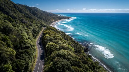Obraz premium Scenic coastal highway winding through lush forested cliffs beside turquoise ocean