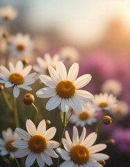 In a tranquil garden, clusters of white daisies reveal their beauty as sunlight filters through, creating a soft, blurred backdrop that enhances their elegance Generative AI