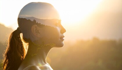 Inner Harmony: A serene portrait of a woman merges with a tranquil landscape, symbolizing inner peace, meditation, and a deep connection with nature and mindfulness.