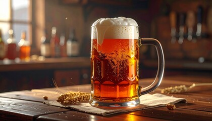 Amber Beer in Clear Glass Mug with Frothy Foam and Rising Bubbles on Wooden Surface with Dark Background