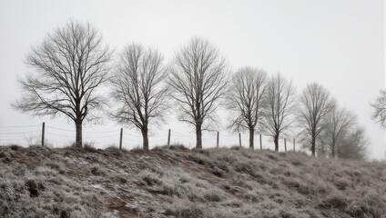 Bare trees line a frosted hillside under an overcast sky, with a thin fence