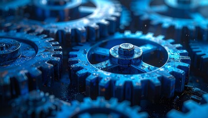 Interlocking Blue Metallic Gears with Textured Surfaces and Industrial Lighting in Mechanical Engineering Close-Up