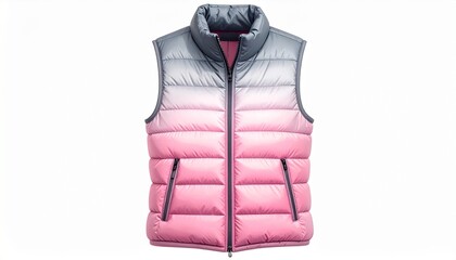 Sleeveless Puffer Vest with Gradient from Dark Gray to Light and Dark Pink Featuring Quilted Sections and Zippered Pockets