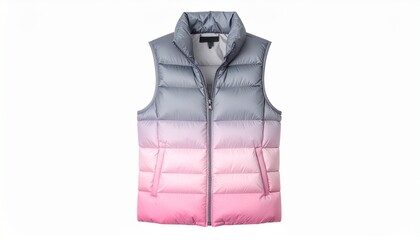 Sleeveless Puffer Vest with Gradient from Dark Gray to Light and Dark Pink Featuring Quilted Sections and Zippered Pockets