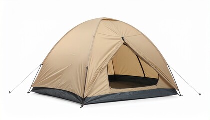 Beige Dome Tent with Guy Lines, Zippered Entrance, and Vent Window on White Background for Camping Gear Display