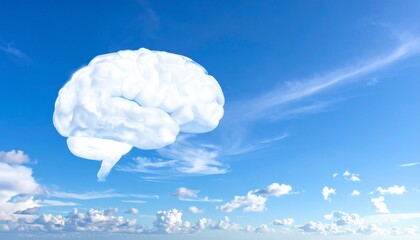 Cloud Brain in the Sky: A whimsical, fluffy cloud takes the form of a brain floating effortlessly amidst a vast, azure sky, evoking thoughts of ideas, imagination, and intelligence.