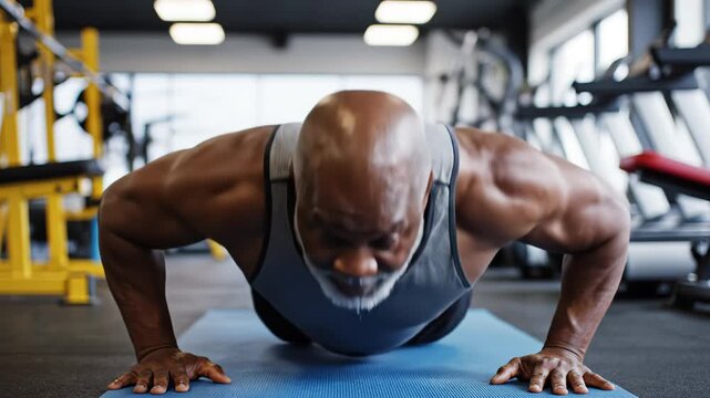 Older man doing pushups in gym