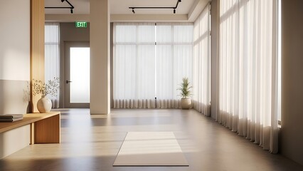 Obraz premium Modern interior design of a room with large windows and a yoga mat