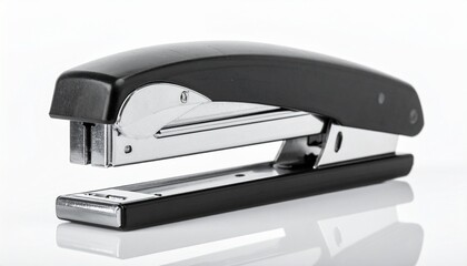 Black Desktop Stapler with Glossy Finish on Reflective Surface in Closed Position