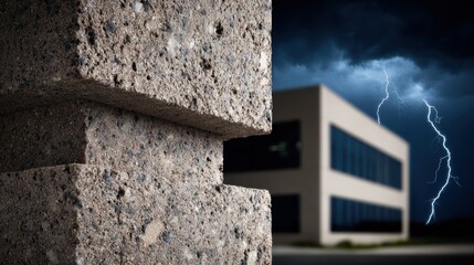 Medium shot of polymer blend panels showcasing flexible weatherresistant surfaces with blurred stormy clouds in the background emphasizing durability against harsh weather