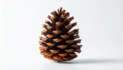 Single Brown Pine Cone Standing Upright on White Background with Symmetrical Scales and Soft Shadow