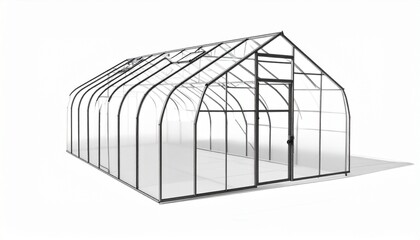 Metal-Framed Greenhouse Structure with Peaked Roof, Curved Sidewalls, and Central Doorway for Agricultural Use