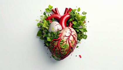 Healthy Heart: A conceptual image of a realistic human heart, interwoven with lush, green foliage, symbolizing vitality and the nurturing power of nature.