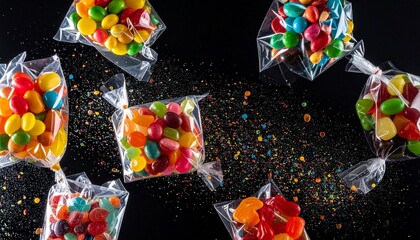 Seven Clear Bags of Colorful Round Candies Arranged in a Row Against Black Background with Sprinkles