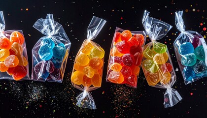 Seven Clear Bags of Colorful Round Candies Arranged in a Row Against Black Background with Sprinkles