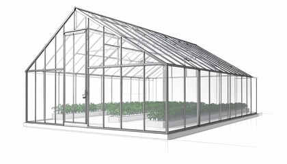 Metal-Framed Greenhouse Structure with Peaked Roof, Curved Sidewalls, and Central Doorway for Agricultural Use