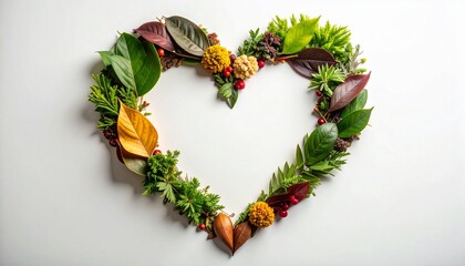 Heart of Nature's Embrace: An intricate heart-shaped design crafted from fresh leaves and botanical elements, symbolizing love, nature, and the beauty of organic forms.