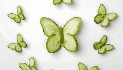 Thinly sliced cucumber arranged as delicate butterfly shapes on clean background, creative food art concept highlighting freshness, healthy eating, minimal styling, and imaginative vegetable presentat
