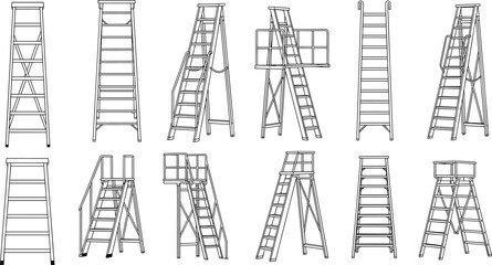 Collection of industrial step ladder icons, metal platform stairs, safety warehouse equipment, construction stools, and portable aluminum folding ladders set isolated on white background.