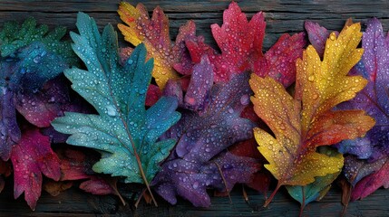 Colorful leaves with water droplets spread across a wooden surface during a rainy day in autumn season
