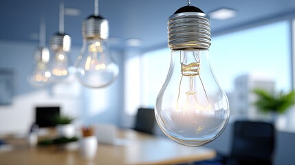 Bright and Stylish Light Bulbs Hanging Over a Modern Office Conference Room with Natural Light and Contemporary Decor