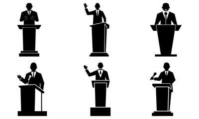Minimalist silhouette of six podium speakers conveying energetic professional presentations
