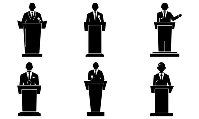 Minimalist Serious Corporate Speakers at Podium Silhouettes in a Professional Presentation Scene