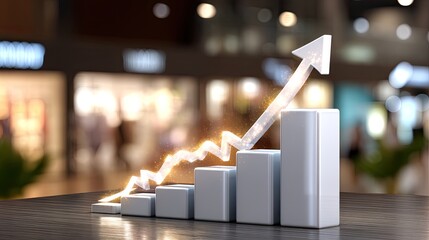 Glowing Chart with Rising Trend in Modern Shopping Center Background Representing Growth and Success in Business