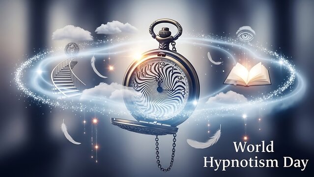 Conceptual World Hypnotism Day with pocket watch and spirals
