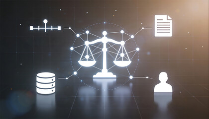 Futuristic digital law and justice concept featuring glowing white scales of justice with network connection nodes and icons for data storage document management and legal research