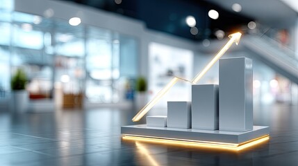Modern 3D Bar Chart Displaying Financial Growth with Upward Trend Arrow in Bright and Stylish Interior Environment