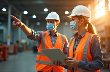 Male and female engineers wear safety helmets and masks. They use a tablet and point in a warehouse. Workers check inventory, discuss project, plan work.
