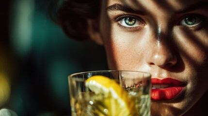 Woman holding a glass with a slice of lemon while looking at the camera in a dimly lit room with shadows across her face