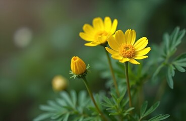 Yellow buttercup flowers bloom on green stems in natural setting. A bud and two blossoms create a bright floral composition. Soft background blurs light circles.