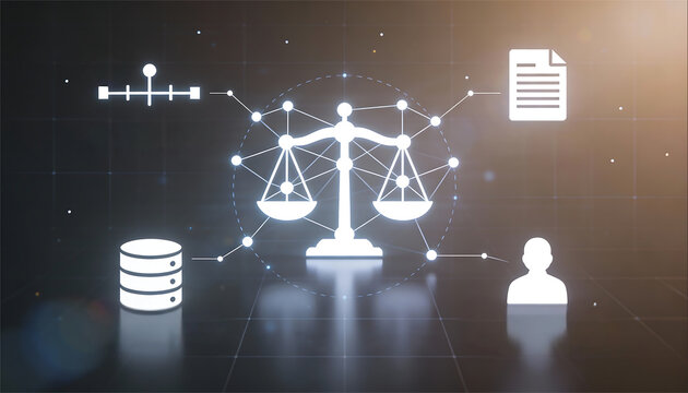 Futuristic digital law and justice concept featuring glowing white scales of justice with network connection nodes and icons for data storage document management and legal research - Powered by Adobe