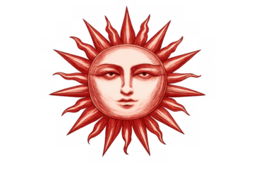 Red sun icon with a human face and pointed rays, drawn in a vintage illustration style. Transparent background