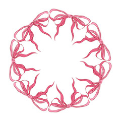 Circular decorative frame made of soft pink ribbon bows arranged in a wreath shape. Elegant romantic border for Valentine cards, wedding designs, invitations, branding and feminine layouts. 