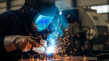 Welding Action, Skilled Worker, Industrial Workshop, Photo, Busy Environment, Close-Up Viewpoint, Craftsmanship and Safety