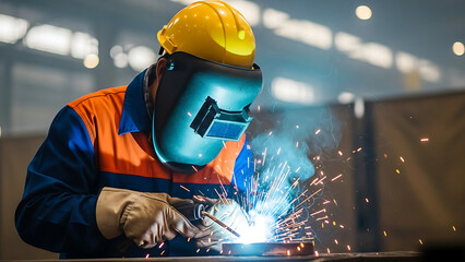 Skilled Worker in Industrial Setting Creating Sparks and Metal Fabrication