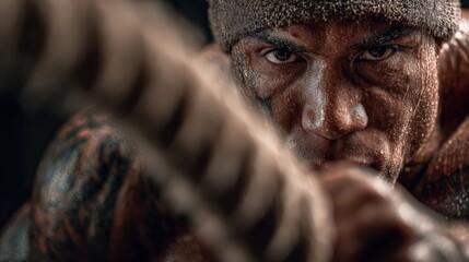 Close view of a man training intensely in a gym setting focused on strength and determination during a workout session